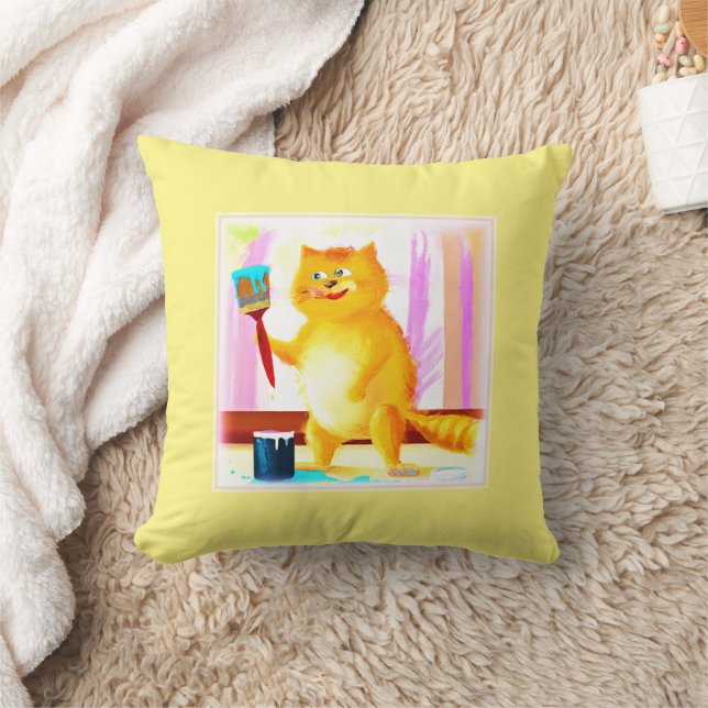 Cute Painting Of A Cat Holding A Brush. Buy Now Throw Pillow (Blanket)