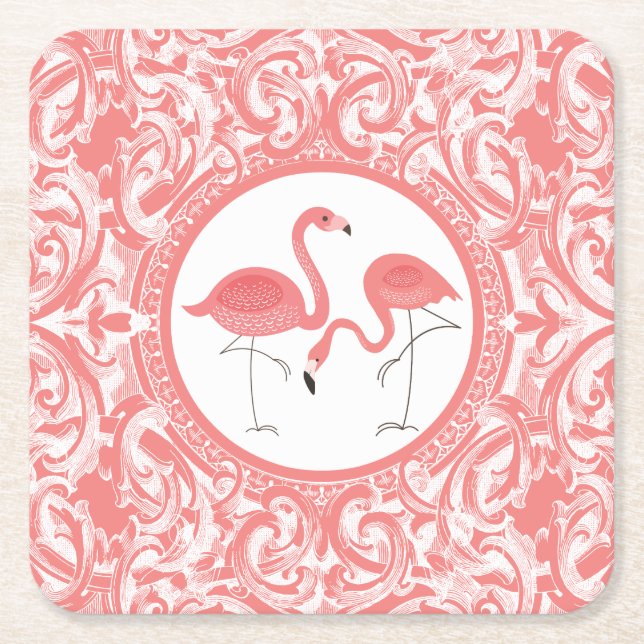 Cute Pair Of Pink Flamingos With Swirls Square Paper Coaster (Front)
