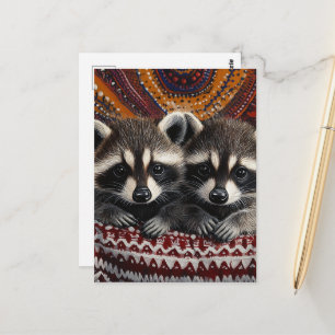 Cute Pair of Raccoon Babies in red blanket Postcard