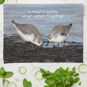 Cute Pair of Sanderlings Sandpipers Shares a Meal Kitchen Towel
