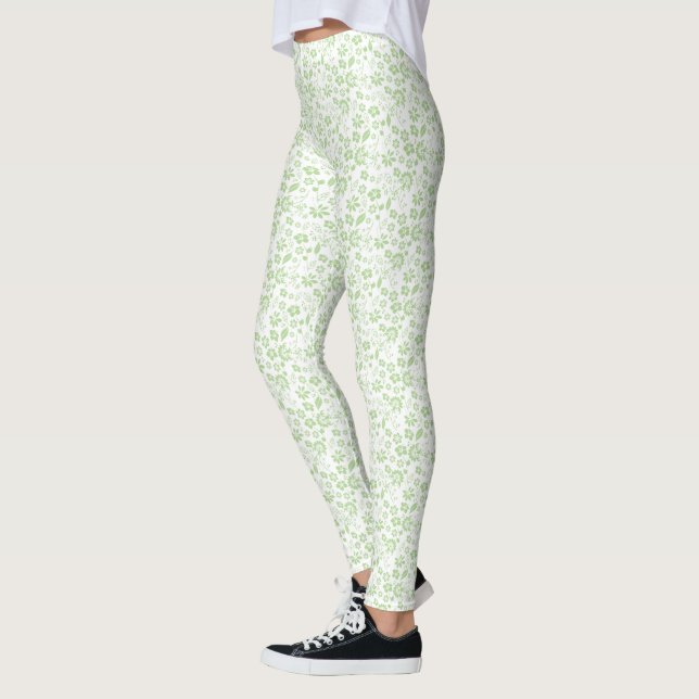 Cute Pale Mint Green Tropical Flowers Pattern Leggings (Left)