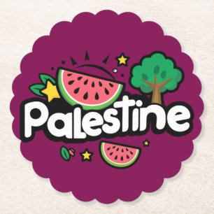 Cute Palestine word surrounded by watermelons tree Paper Coaster