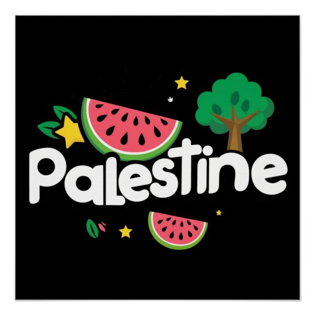 Cute Palestine word surrounded by watermelons tree Poster (Front)