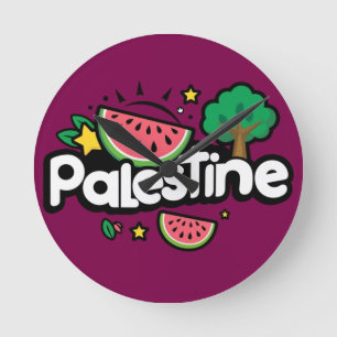 Cute Palestine word surrounded by watermelons tree Round Clock