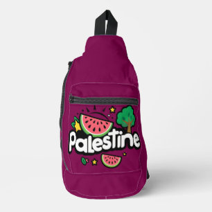 Cute Palestine word surrounded by watermelons tree Sling Bag