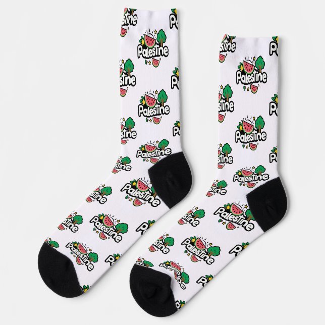 Cute Palestine word surrounded by watermelons tree Socks (Left)
