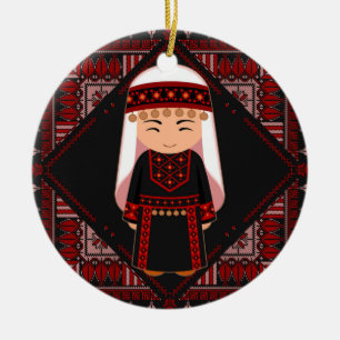cute Palestinian girl Embroidery red tatreez   Ceramic Ornament