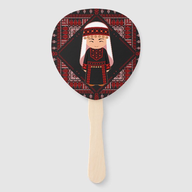 cute Palestinian girl Embroidery red tatreez   Hand Fan (Front)