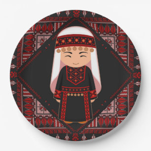 cute Palestinian girl Embroidery red tatreez   Paper Plate