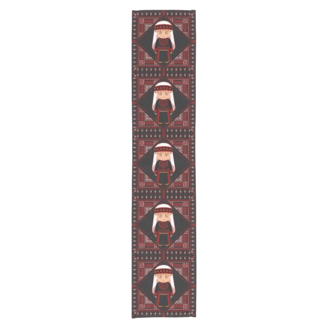 cute Palestinian girl Embroidery red tatreez   Short Table Runner (Front)