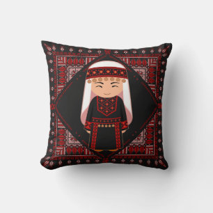 cute Palestinian girl Embroidery red tatreez Throw Pillow