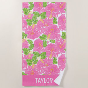 Cute Palm Beach Pink Hibiscus Flowers Towel