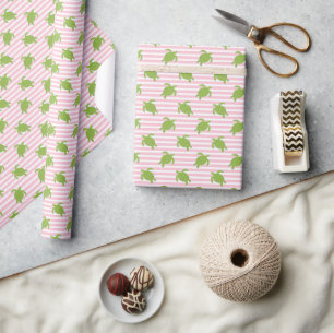 Cute Palm Beach Pink Stripes and Turtles Wrapping Paper