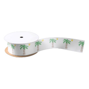 Cute Palm Tree and Beach Cartoon, Fun Sunny Island Satin Ribbon