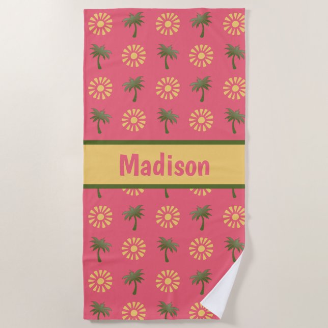 Cute palm trees & suns, on pink personalized beach towel (Front)