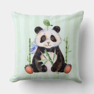 Cute Panda & A Bird Watercolors Illustration Throw Pillow