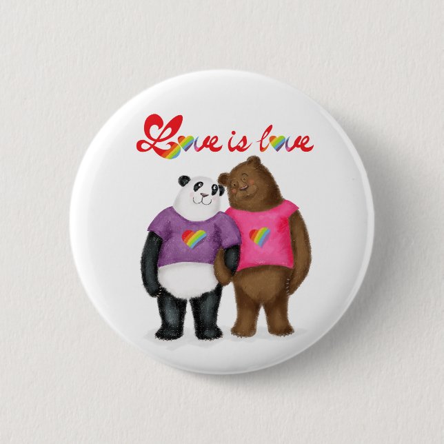 Cute panda and brown bear 'love is love' badge 2 inch round button (Front)