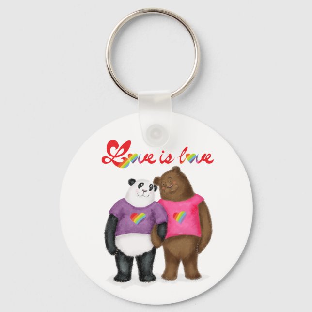 Cute panda and brown bear 'love is love' key ring (Front)