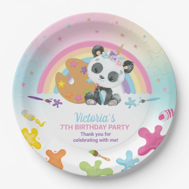 Cute Panda Art Craft Party Rainbow Birthday   Paper Plate (Front)