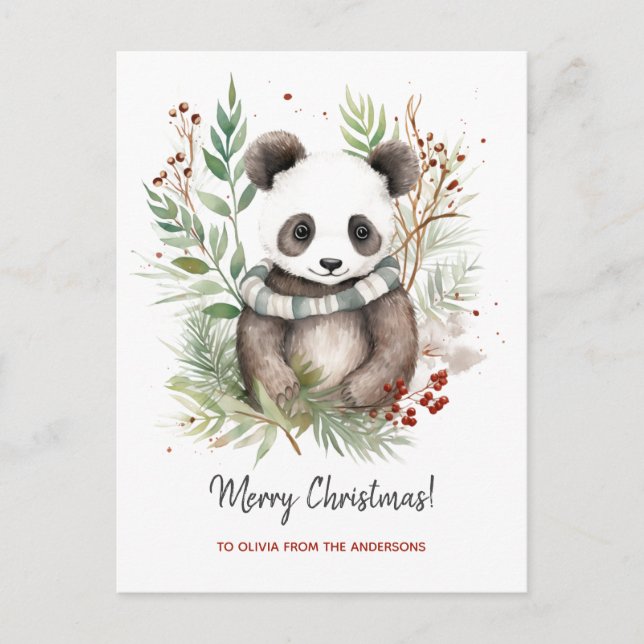 Cute Panda Baby Rustic Christmas botanicals Holiday Postcard (Front)