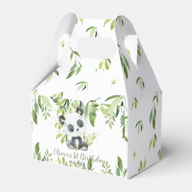 Cute Panda Bamboo Greenery 1st First Birthday Favor Box (Front Side)