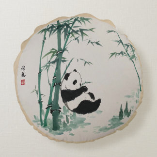 Cute Panda Bamboo Ink Art Round Pillow
