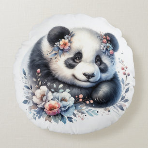 Cute Panda Bear and Flowers Round Pillow