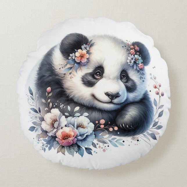 Cute Panda Bear and Flowers Round Pillow (Front)