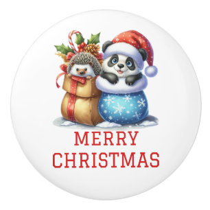 Cute Panda Bear and Hedgehog Cub Christmas Ceramic Knob