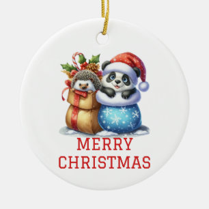 Cute Panda Bear and Hedgehog Cub Christmas Ceramic Ornament