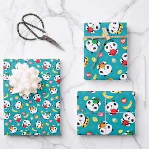 Cute Panda Bear and Kawaii Fruit Colourful Pattern Wrapping Paper Sheet
