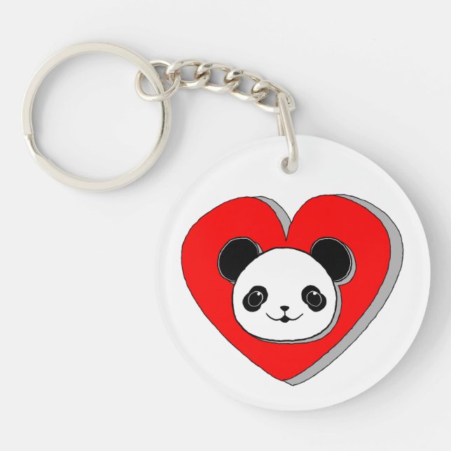 Cute Panda Bear And Red Heart Drawing Keychain (Front)