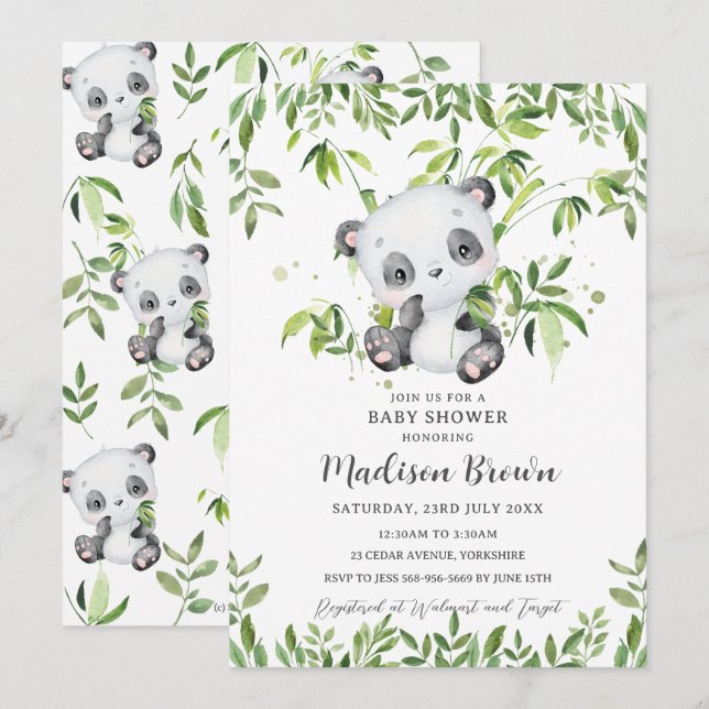 Cute Panda Bear Bamboo Greenery Baby Shower  Invitation (Front/Back)