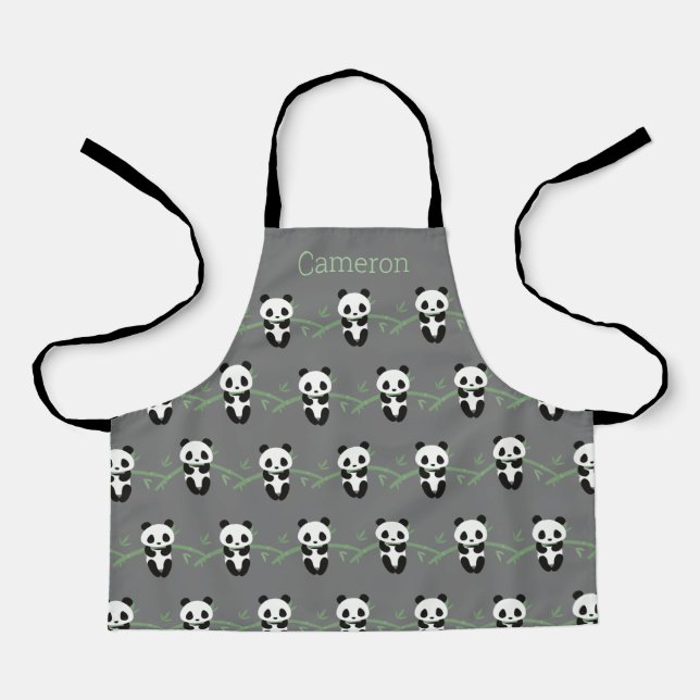 Cute Panda Bear Bamboo Pattern Grey Custom Name Apron (Front)