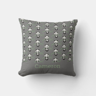 Cute Panda Bear Bamboo Pattern Grey Custom Name Throw Pillow