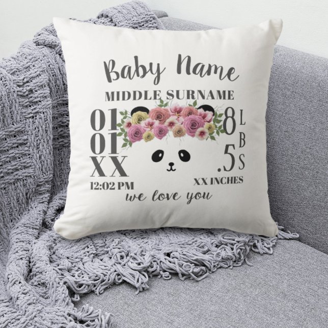Cute Panda Bear Birth Stats Nursery Throw Pillow (Creator Uploaded)