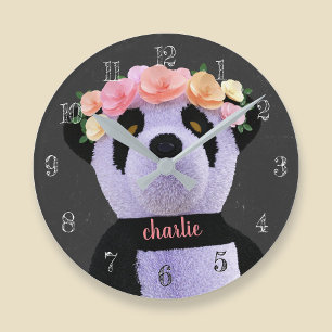 Cute Panda Bear Black and White Rustique Horloge