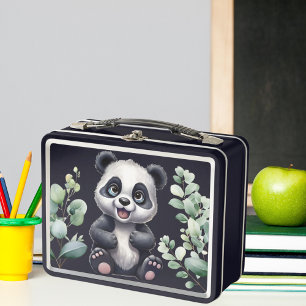 Cute panda bear blue custom name  metal lunch box