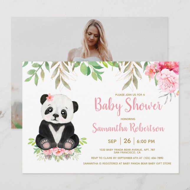 Cute Panda Bear Blush Pink Floral Baby Shower Invitation (Front/Back)