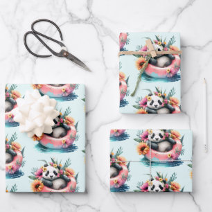 Cute Panda Bear Chilling in an Inner Tube Wrapping Paper Sheet