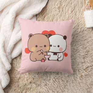 Cute Panda bear couple, heart love Pink Throw Pillow