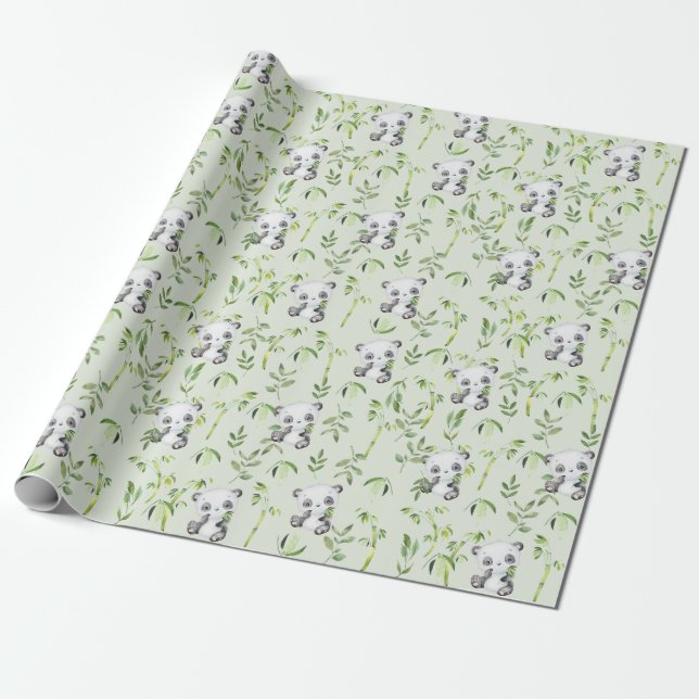Cute Panda Bear Cub Green Bamboo Greenery  Wrapping Paper (Unrolled)