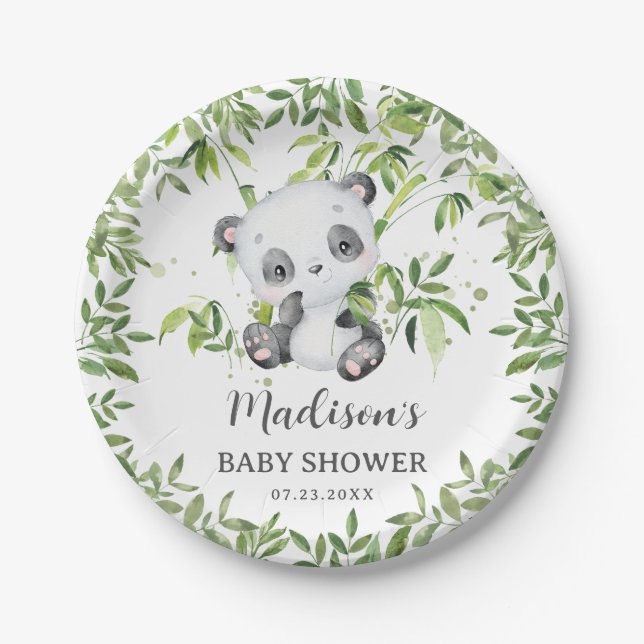 Cute Panda Bear Cub Greenery Baby Shower Birthday Paper Plate (Front)