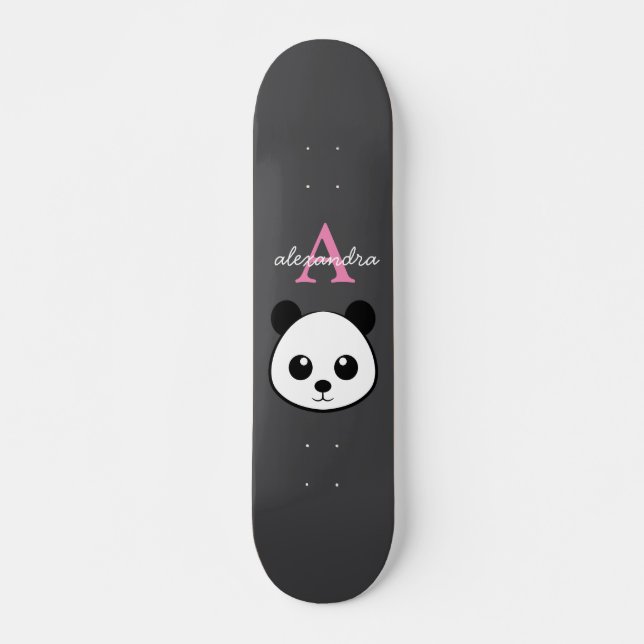 Cute Panda Bear Custom Monogram Grey Background Skateboard (Front)
