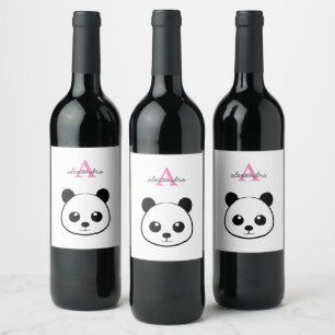 Cute panda bear custom Monogram Wine Label