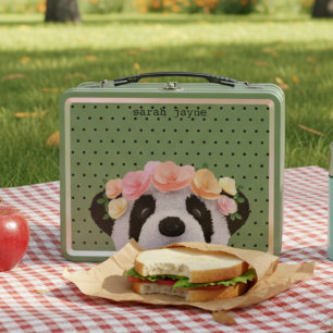 Cute Panda Bear Custom Name Girl's Metal Lunch Box