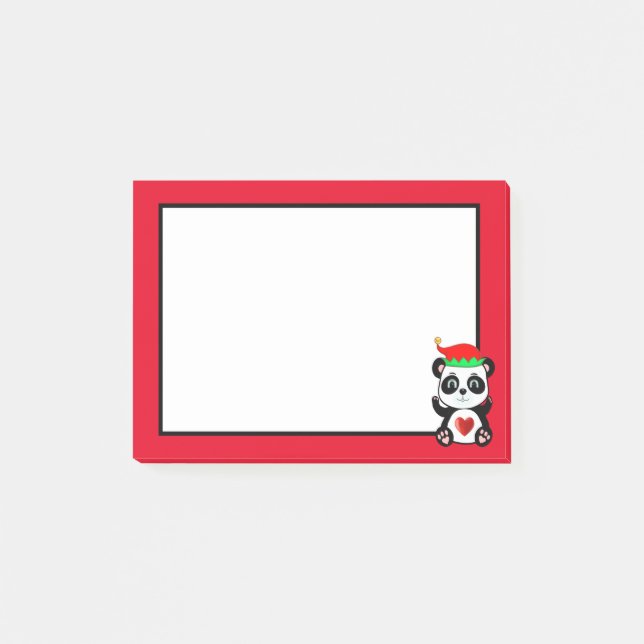 Cute Panda Bear Elf Cartoon on Red & White Post-it Notes (Front)