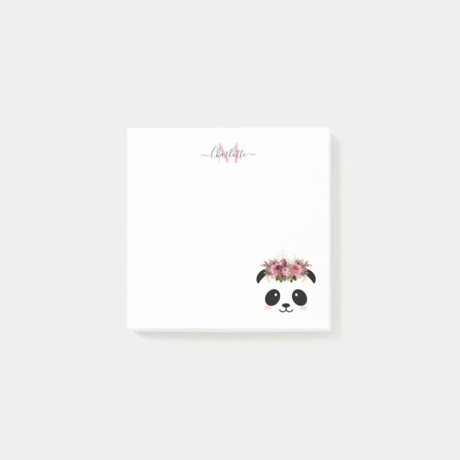 Cute panda bear floral personalized monogram  post-it notes (Front)