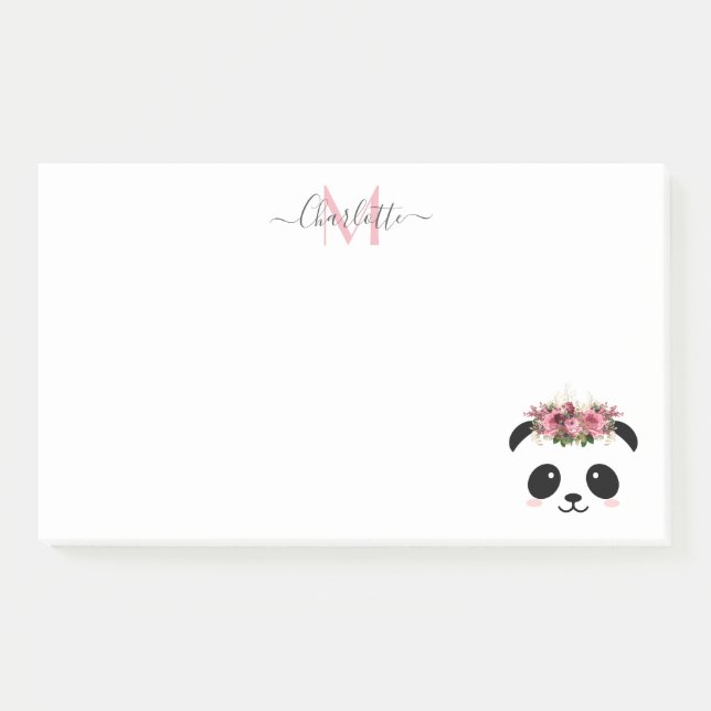 Cute panda bear floral personalized monogram  post-it notes (Front)
