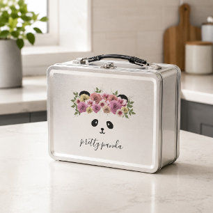 Cute Panda Bear Girl Floral Metal Lunch Box